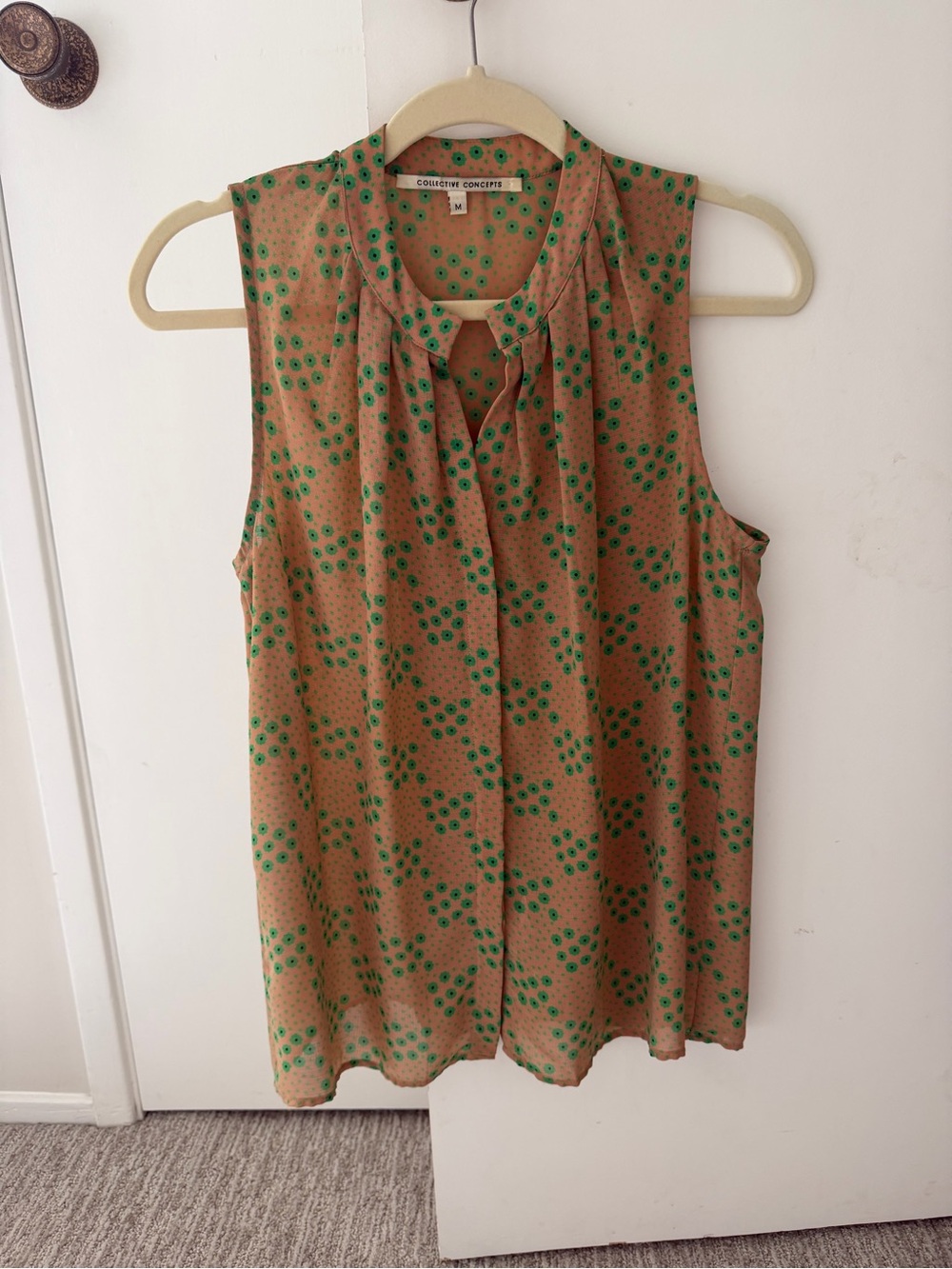 Collective Concepts Tan Sleeveless V-Neck Tank with Green Dot Pattern